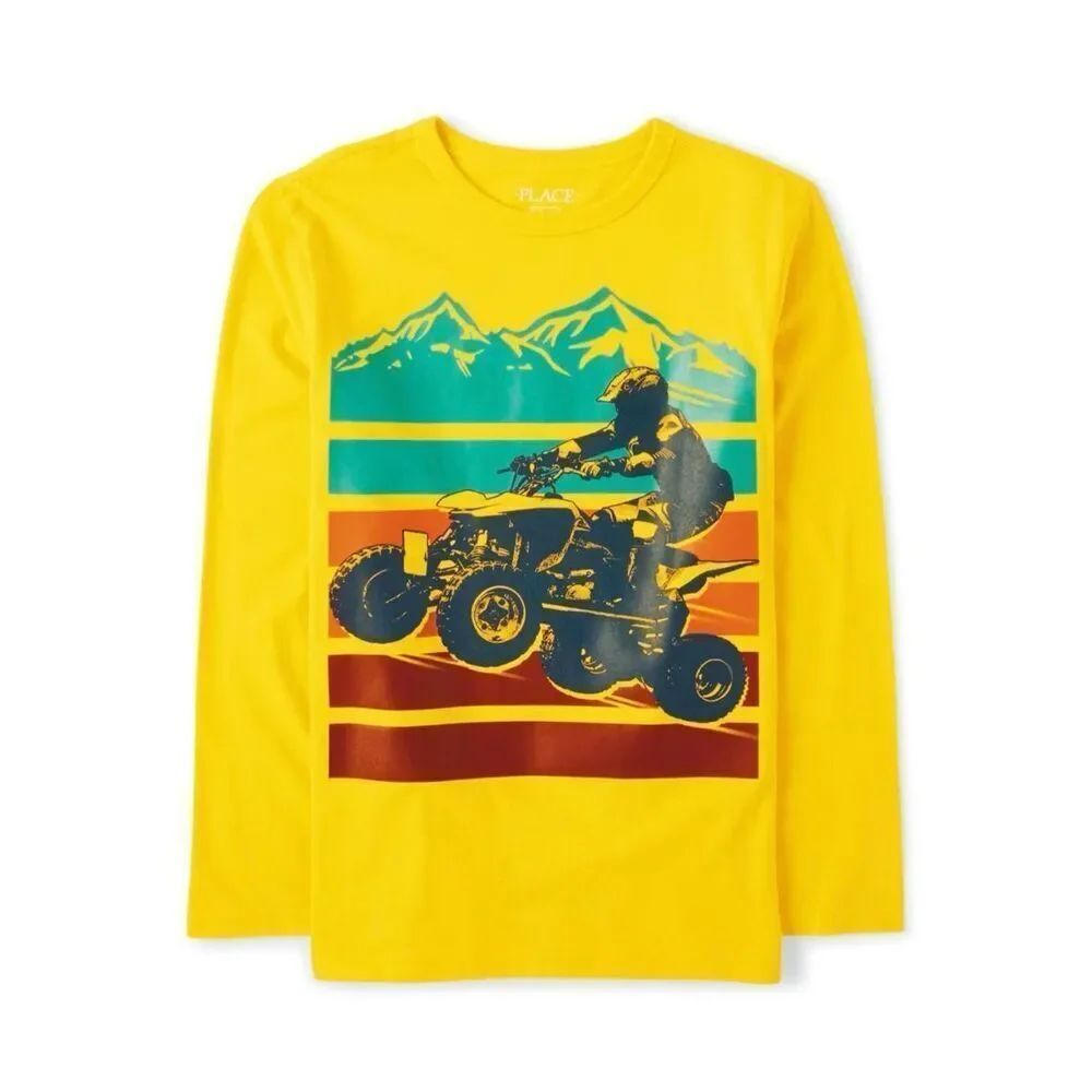 NWT The Childrens Place Boys Quad Bike Graphic Long Sleeve Tee Golden Rays Sz L